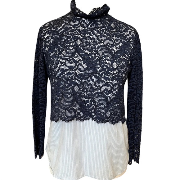 Sandro Long Sleeved Blue Shirt with High Neck Navy Lace Overlay - Picture 2 of 3